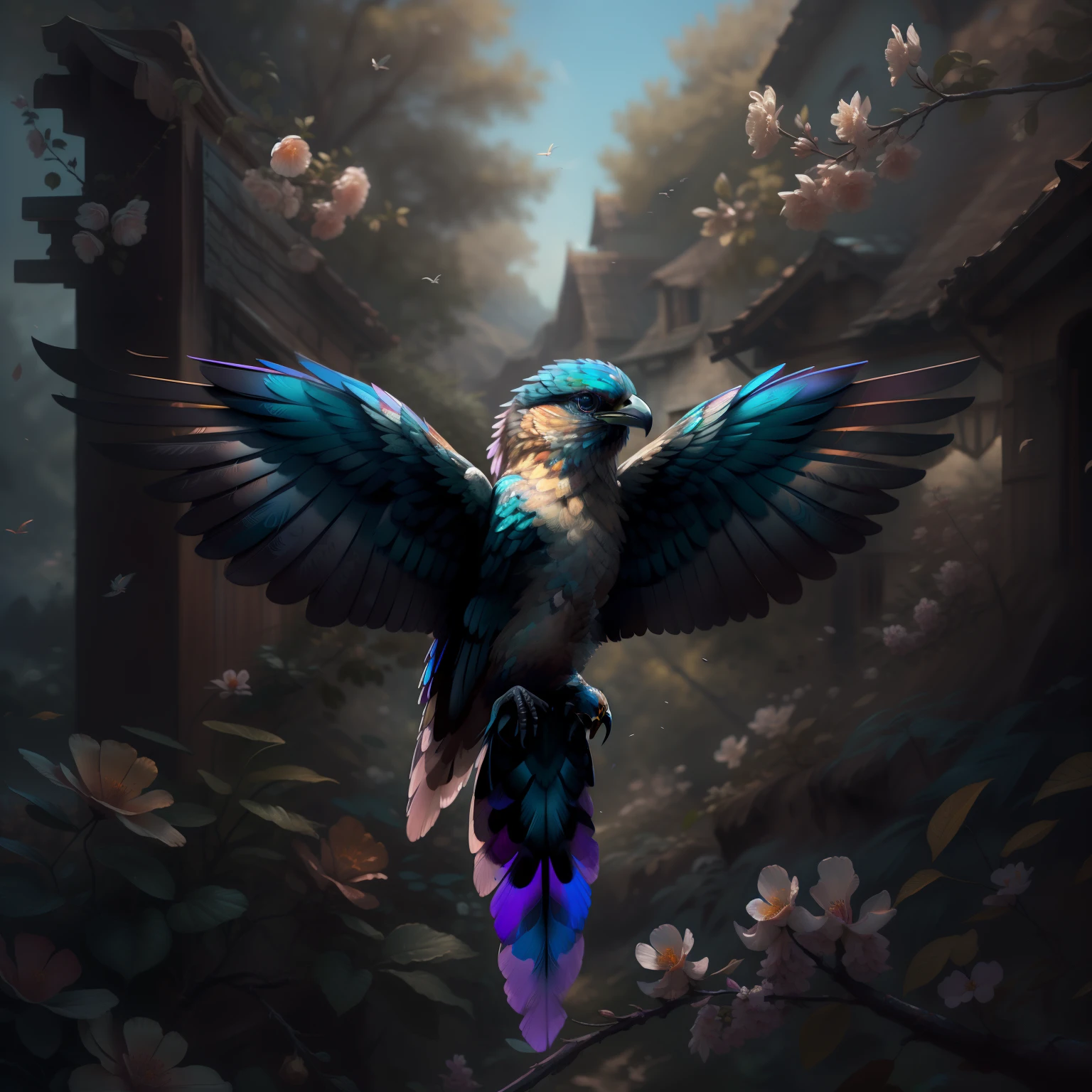 "1 oiseau martinet aux ailes ouvertes volant, fleur de cerisier, Ailes ouvertes, Wings Spread Downwards, Top quality masterpiece, Officially beautiful art and aesthetics, Realistic and detailed 8K, Yang08K."