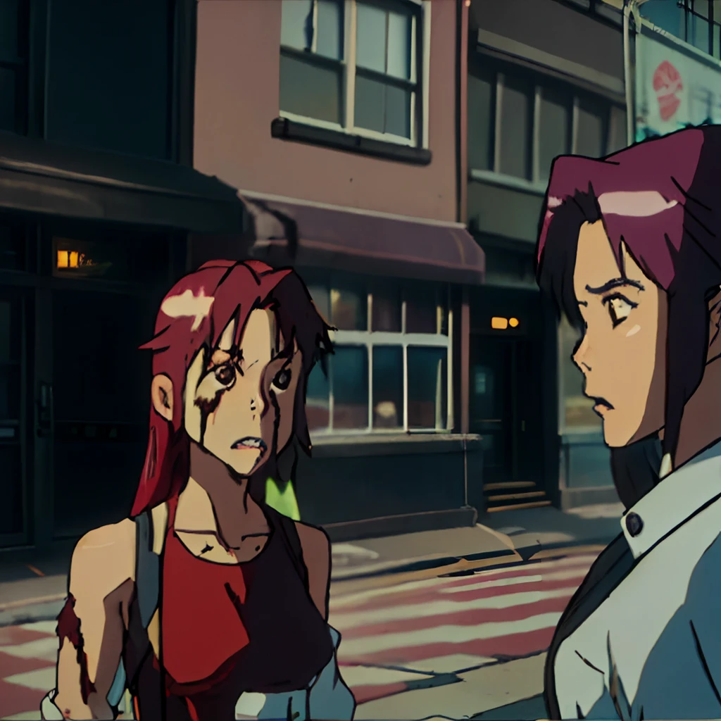 Hiro and Yumi witness the first signs of the zombie outbreak during a typical day in the city."Generate a chaotic street scene with frightened civilians and initial signs of infection."