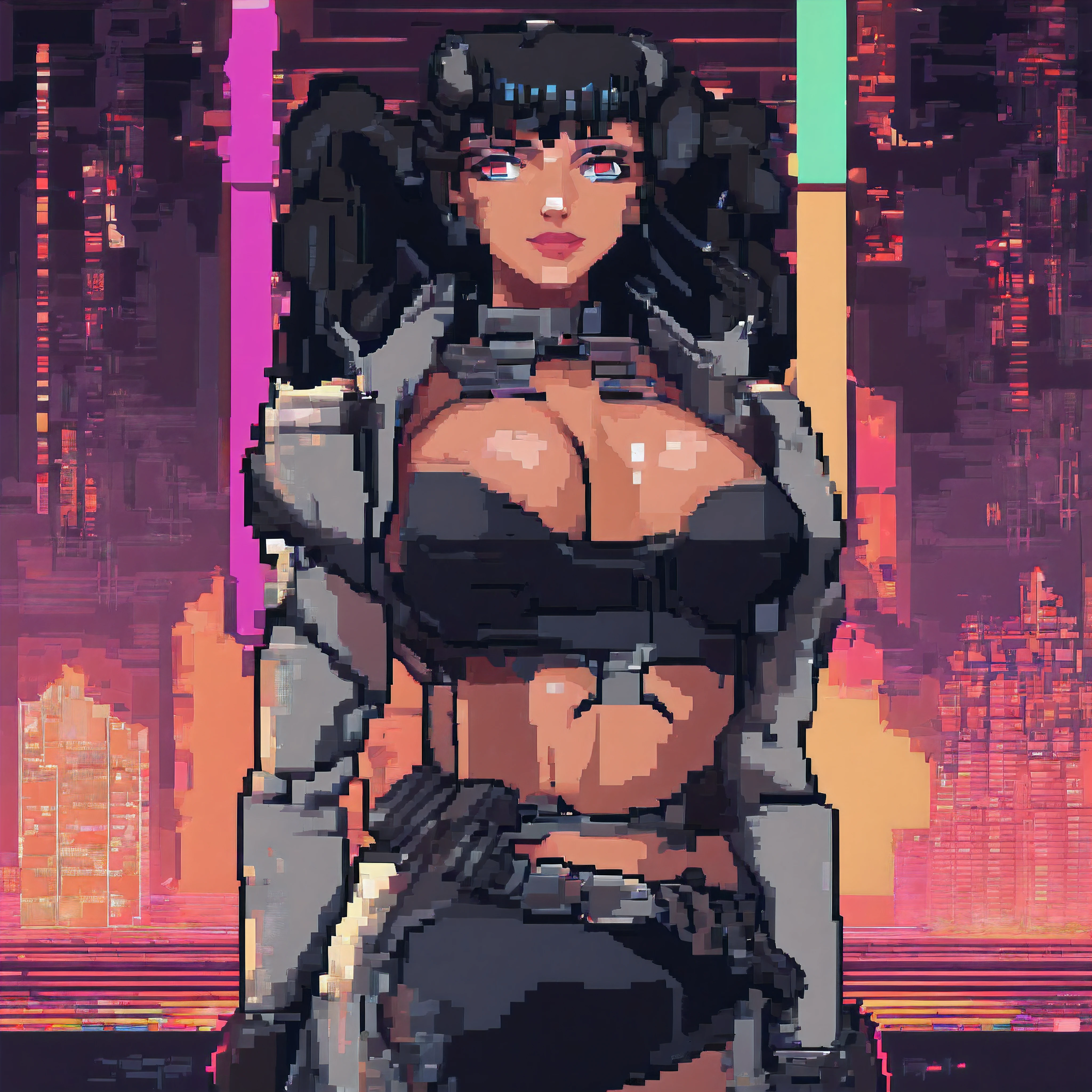 Pixel art girl, girl cyberpunk, beautiful girl, black haired girl, ((large breast:1.4)). Incredible pixel art details, pixel art 4k