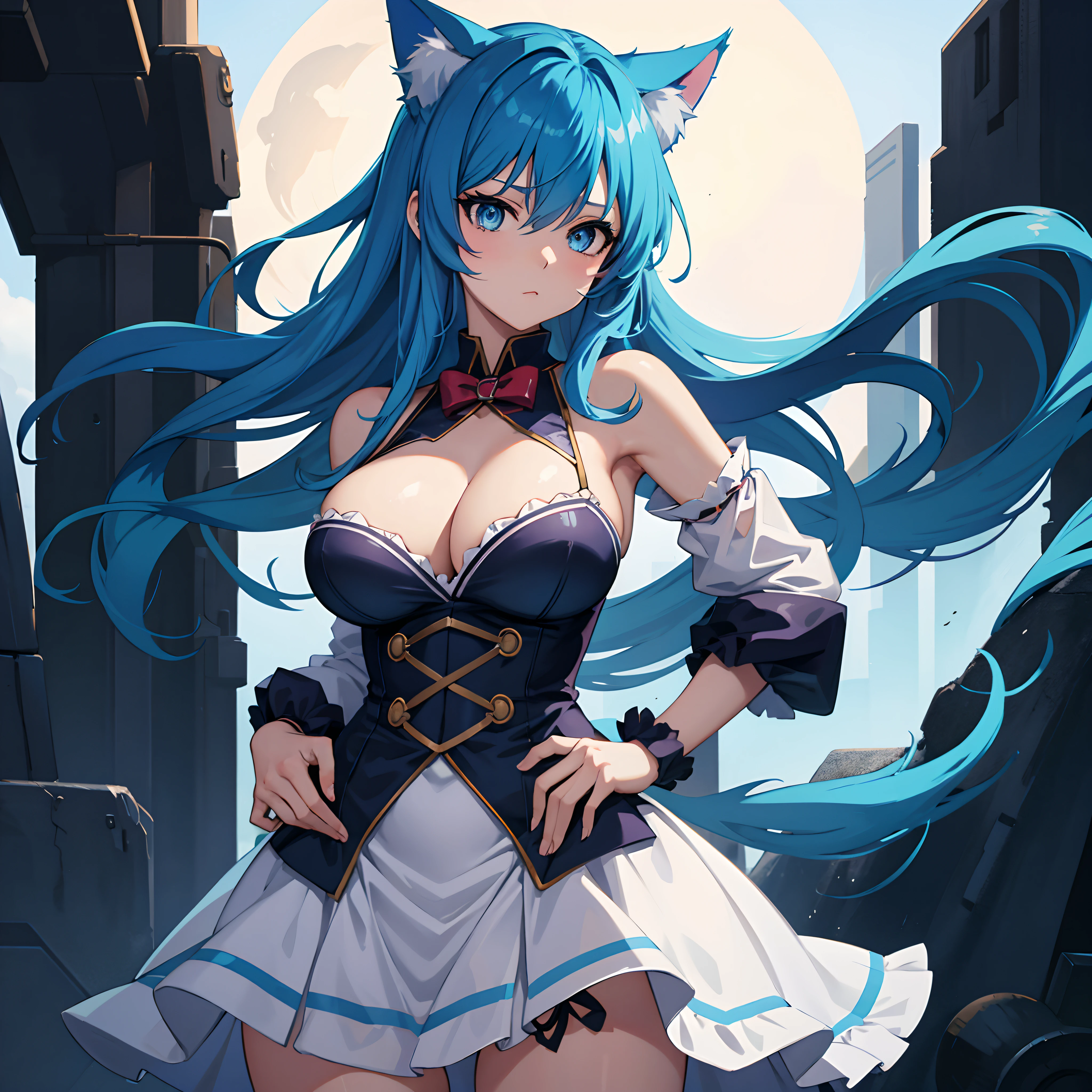 Large breasts, Anime girl, blue hair, cat ears, cowboy shot, standing, skinny,