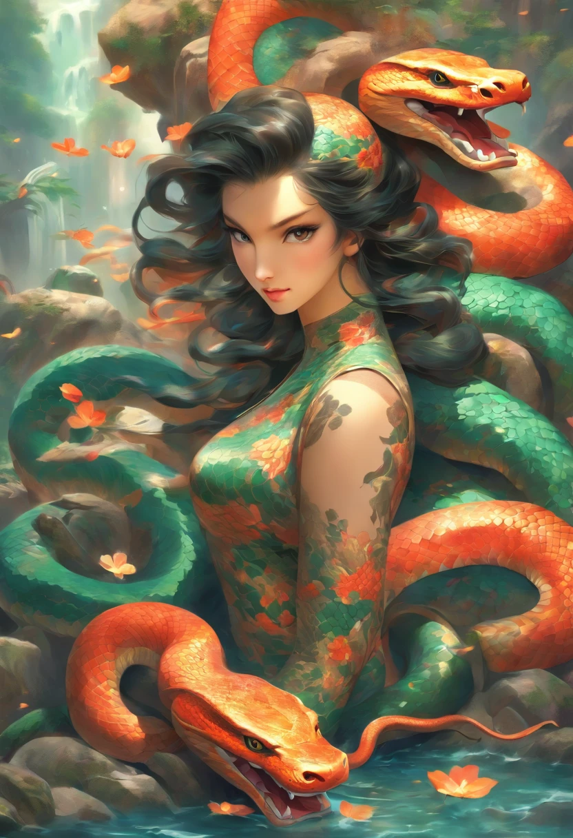 Full body, EVA Rapunzel girl with graceful figure with black hair in the Garden of Eden, girl's body sexy, legs long and graceful, graceful ankles, in the background tree of life on which serpent tempts and red apple of life knowledge, serpent tempts girl, photorealism, super detailed, site 500px, contrast lighting, outline around girl, fill light is soft, 32k