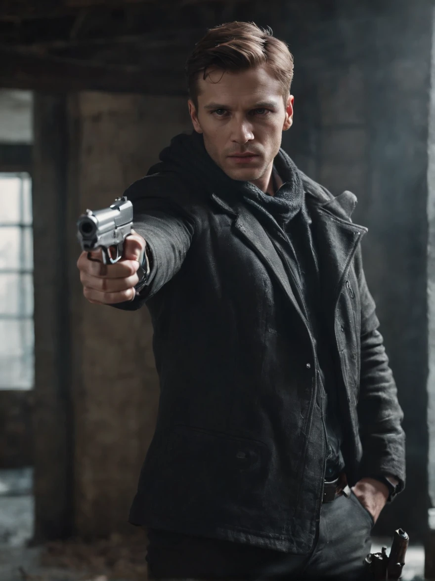 An American thief holding a pistol, gun, aiming forward, looking towards the camera, horrific, look into the camera, detailed, shot, dramatic, daylight, indoor studio light, medium shot, highly detailed, thief clothing, evil, crook, thief, gun, vibrant, detailed texture, detailed face expression, medium shot, full body, ultrawide, long full shot, full body, realistic, bright, ultrarealistic, realistic focus faces, bright scene, city, 8k