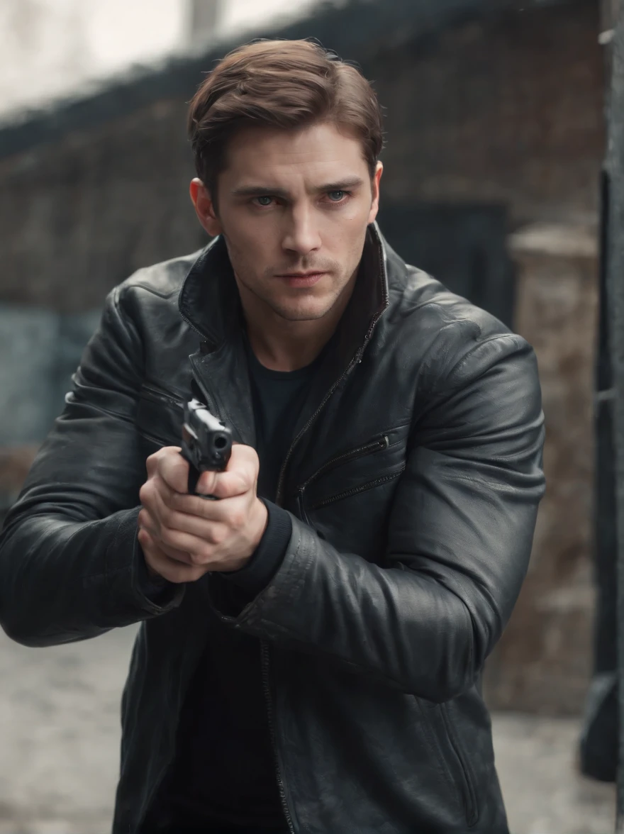 An American thief holding a pistol, gun, aiming forward, looking towards the camera, horrific, look into the camera, detailed, shot, dramatic, daylight, indoor studio light, medium shot, highly detailed, thief clothing, evil, crook, thief, gun, vibrant, detailed texture, detailed face expression, medium shot, full body, ultrawide, long full shot, full body, realistic, bright, ultrarealistic, realistic focus faces, bright scene, city, 8k