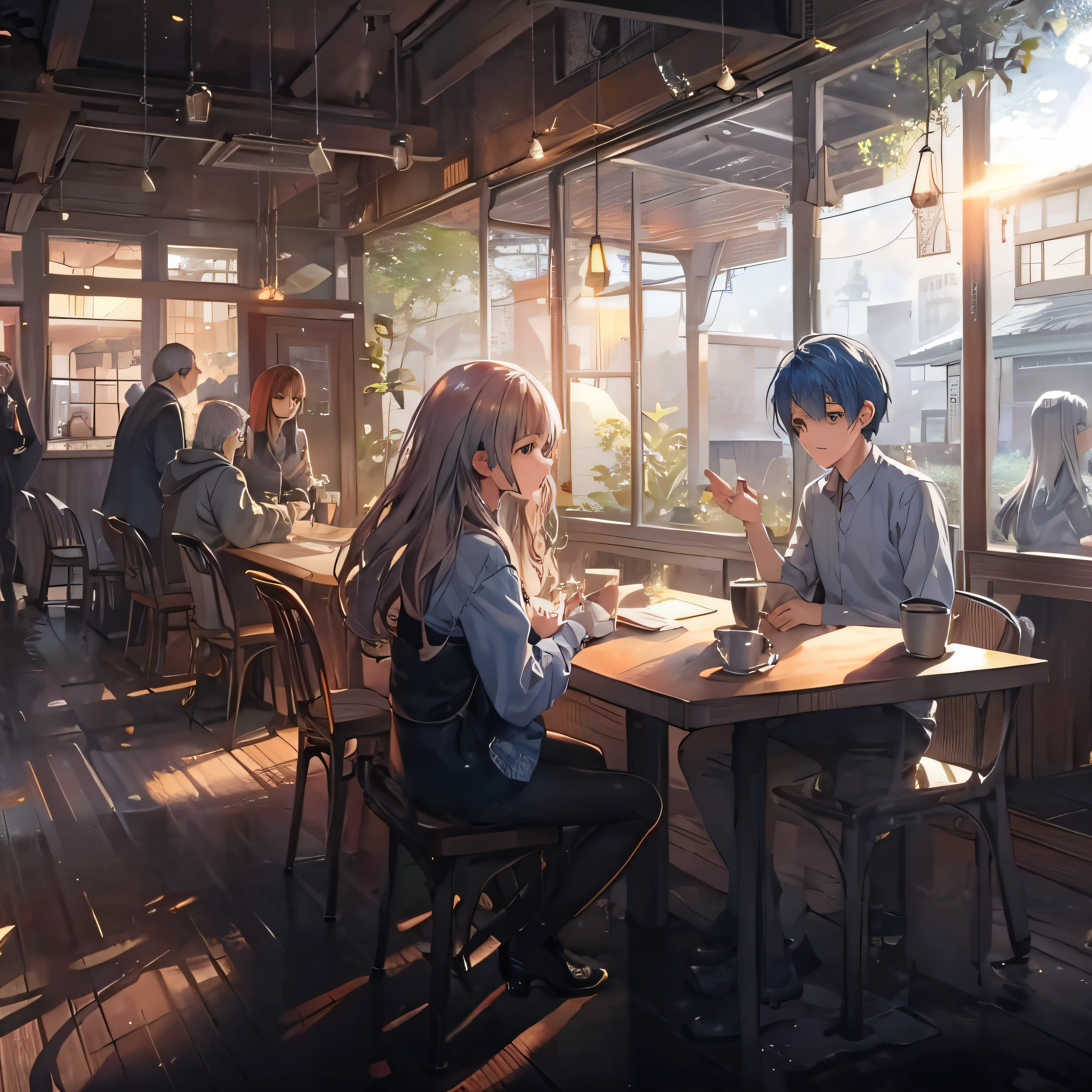 a man and a woman in a café, casually sitting across from each other.