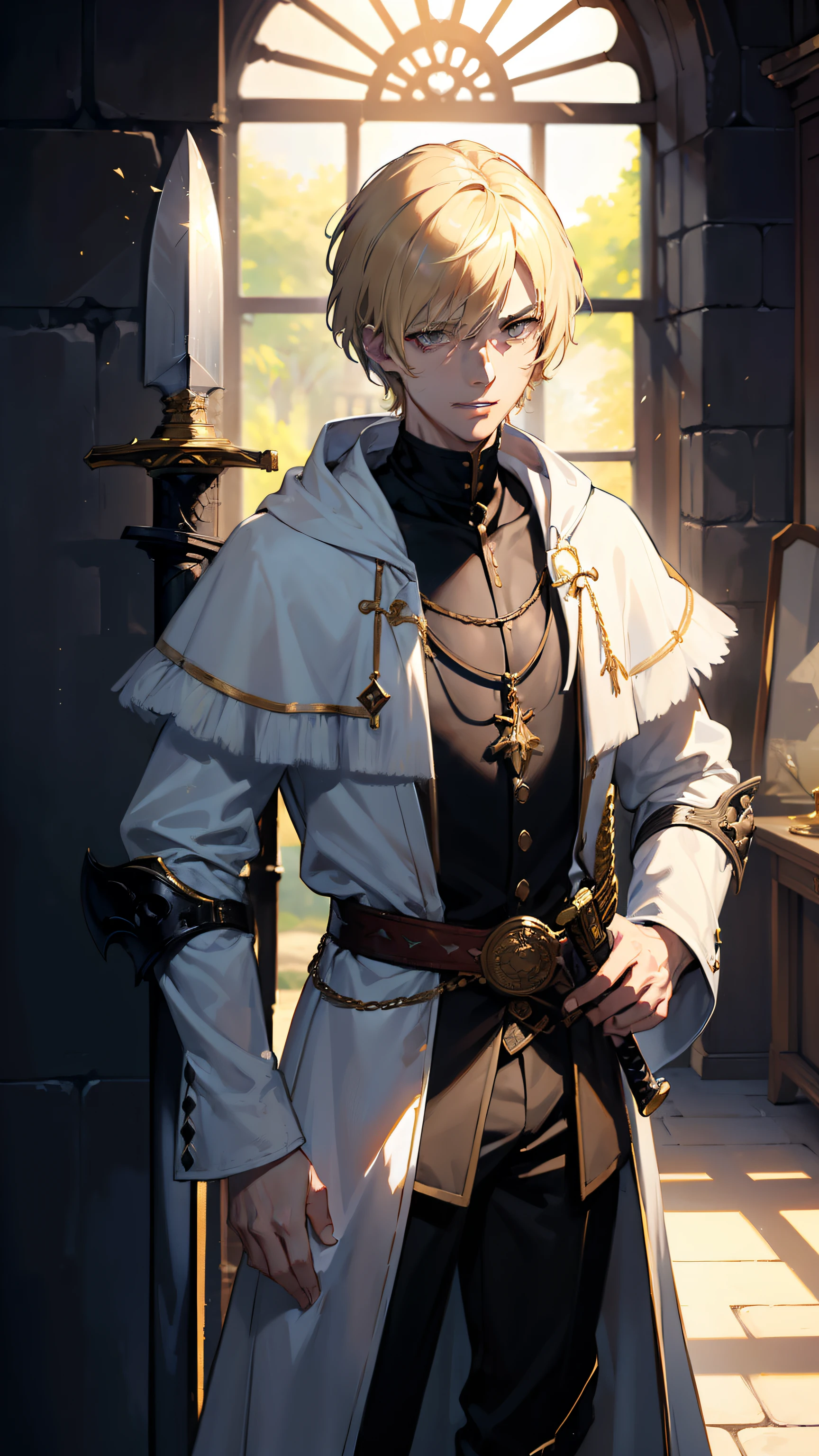 (((((male))))), masterpiece, ultra detailed, 8K Portrait, Raw photo, man's portrait photography, full body, Highly detailed face, ((Fantasy)), young man, 21 years old, 1 man, grin, (((fighter))), laugh heartily, standing with hands on hips, (((blond voluminous short hair))), (((white skin color))), ((black full metal armor)), (((long coat))), (((carrying a very long sword))), Midday Sun, Hyper realistic, Long legs, in the medieval adventurer's guild, Ambient lighting, Shadow details , Camera focus on face, Light fog