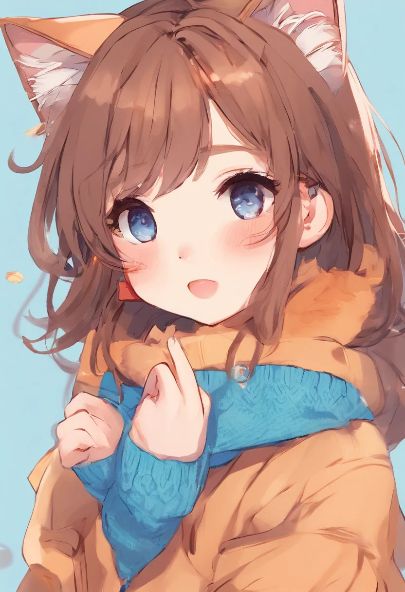 macio, Cute cat girl with brown hair wearing a loose blue sweater, 可爱, tem presas de gato e um olhar loiro no rosto