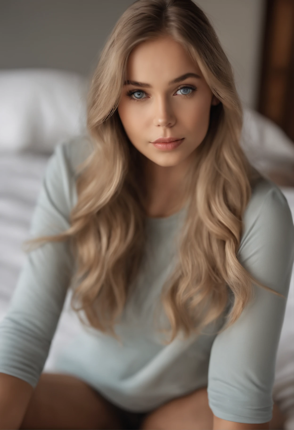 Arafed Full Woman, Sexy Girl with Blue Eyes, , Ultra Realistic, Meticulously Detailed, Portrait of Sophie Mudd, Blonde Hair and Big Eyes, Selfie of a Young Woman, Bedroom Eyes, Violet Myers, No Makeup, Natural Makeup, Looking Directly at the Camera, face artgram, subtle make-up, Impressive photo of the whole body kneeling on the bed, In the bedroom, Medium and large size chest, allowing the face to be seen clearly, portrait