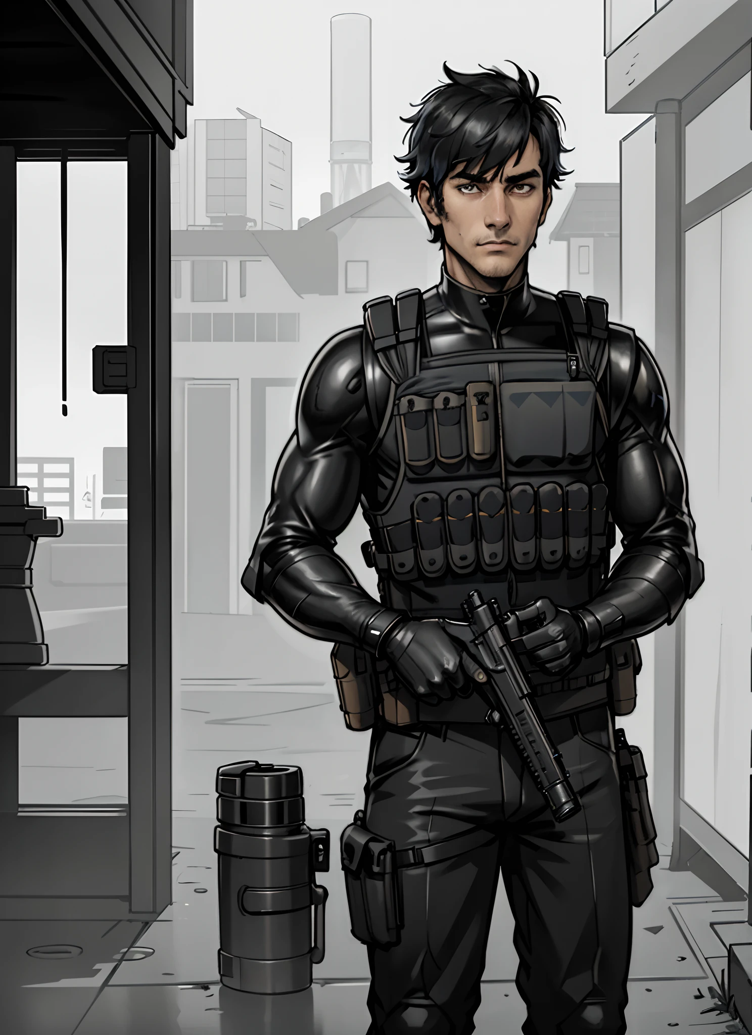 (absurd res, high res, ultra detailed), 1 male, handsome, short hair, best ratio four finger and one thumb, best light and shadow, rainy day, depth of field, (dutch angle), closed mouth, kevlar, bullet proof vest, gun , silencer, standing, holding Glock 16 with silencer, dark alley, 25 years old male