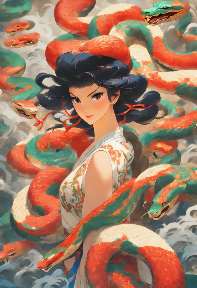 ultra-realistic image, white colors, HD image, Mythology, Snake Woman, snake body, snake tail, Chinese Woman, human, long black hair, (snake body), (snake tail), scales, the image is sharp, Chinese painting style, Shui Mo Hua, Thangka Style, aesthetics, Beautiful image, depth of field, centered on the canvas.