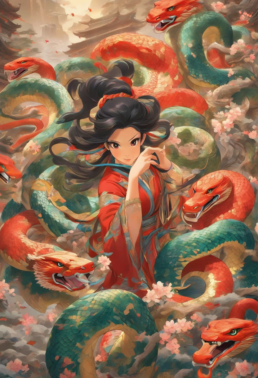 ultra-realistic image, white colors, HD image, Mythology, Snake Woman, snake body, snake tail, Chinese Woman, human, long black hair, (snake body), (snake tail), scales, the image is sharp, Chinese painting style, Shui Mo Hua, Thangka Style, aesthetics, Beautiful image, depth of field, centered on the canvas.