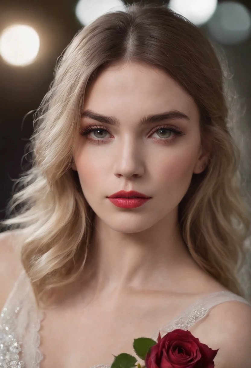 master part, extremely high quality, (foco sozinho), (rosto perfeito:1.1), (High detail:1.1), (olhos hiper detalhados), Dramatic, 1 lado, (pale skin), longos cabelos loiros, ethereal eyes, (sobrancelhas claras), sozinho, Cabelos Longos, Jordan Barrett, ..lua, noite,( Traffic Guard Clothing), nave coberta, pouty lips, pele, proud expression, Urbano, Antecedentes detalhados, Arte por Artgerm, Cinematic lighting, Roses, moda, BalenciagaStyle