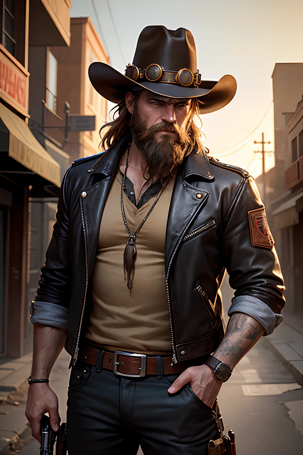 Front view, close-up, Carson is standing in a dusty street, holding a gun in his hand, He has a long, unkempt beard and red eyes, His face is scarred and his nose is crooked, He is wearing a dirty cowboy hat and a leather jacket, The background is a steampunk cityscape, The image is in 4K resolution and is photorealistic.