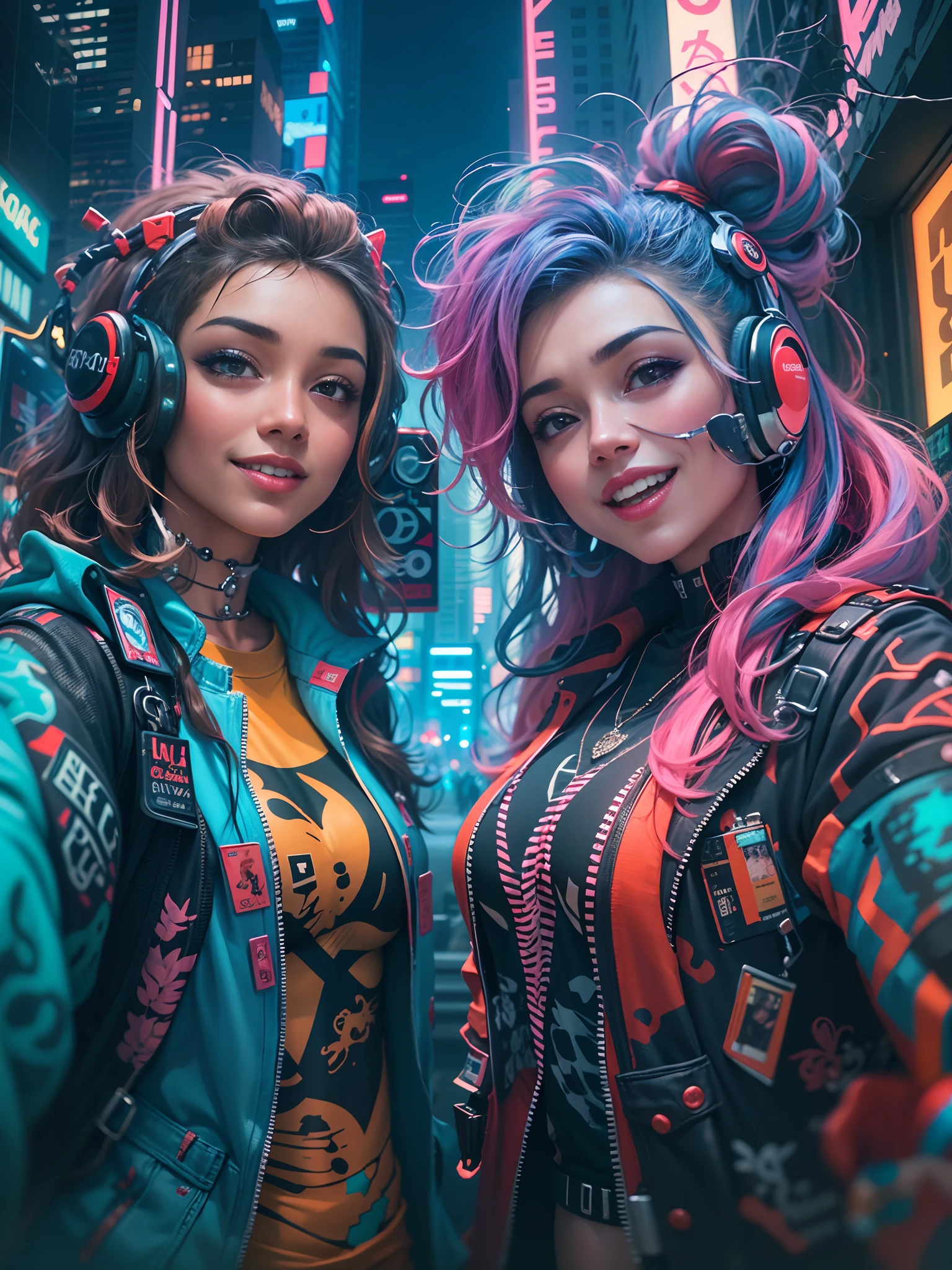 masterpiece, best quality, 2 ((smiling)) cyberpunk girls standing together taking selfie portrait, Harajuku-inspired cyberpunk clothing, bold colors and patterns, eye-catching accessories, trendy and innovative hairstyle, dazzling Cyberpunk cityscape, skyscrapers, glowing neon signs, LED lights, anime illustration, detailed skin texture, detailed cloth texture, beautiful detailed face, intricate details, ultra detailed, cinematic lighting, strong contrast.