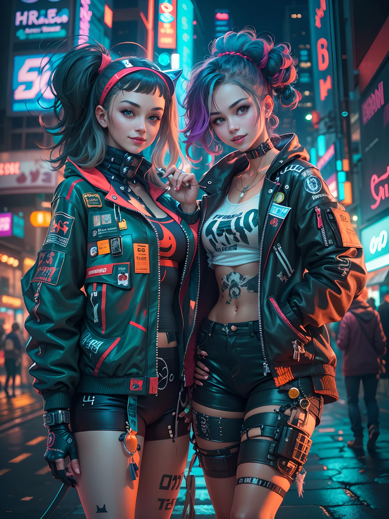 masterpiece, best quality, 2 ((smiling)) cyberpunk girls standing together taking selfie portrait, Harajuku-inspired cyberpunk clothing, bold colors and patterns, eye-catching accessories, trendy and innovative hairstyle, dazzling Cyberpunk cityscape, skyscrapers, glowing neon signs, LED lights, anime illustration, detailed skin texture, detailed cloth texture, beautiful detailed face, intricate details, ultra detailed, cinematic lighting, strong contrast.