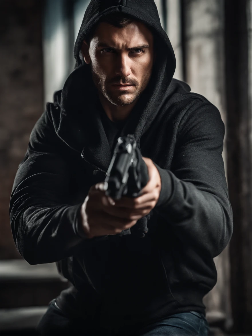 An American thief holding a pistol, gun, aiming forward, evil thief, bad guy, thief hoodie, looking towards the camera, horrific, look into the camera, detailed, shot, dramatic, daylight, indoor studio light, medium shot, highly detailed, thief clothing, evil, crook, thief, gun, vibrant, detailed texture, detailed face expression, medium shot, full body, ultrawide, long full shot, full body, realistic, bright, ultrarealistic, realistic focus faces, bright scene, city, 8k