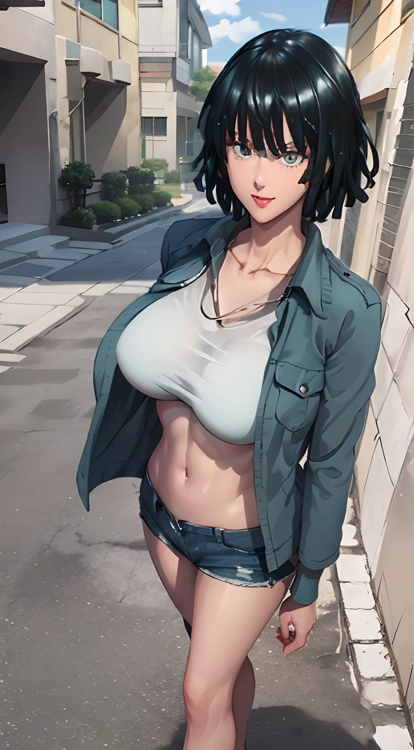 Girl, smile, red lips, big nose, big tits, shorts hair, fair skin, five finger on hand, sexy body, white underwear colors,  navy outerwear colors, navy short levis colors, black shoes colors, beautiful girl, in out door, sexy pose, view facing forward, view facing the camera