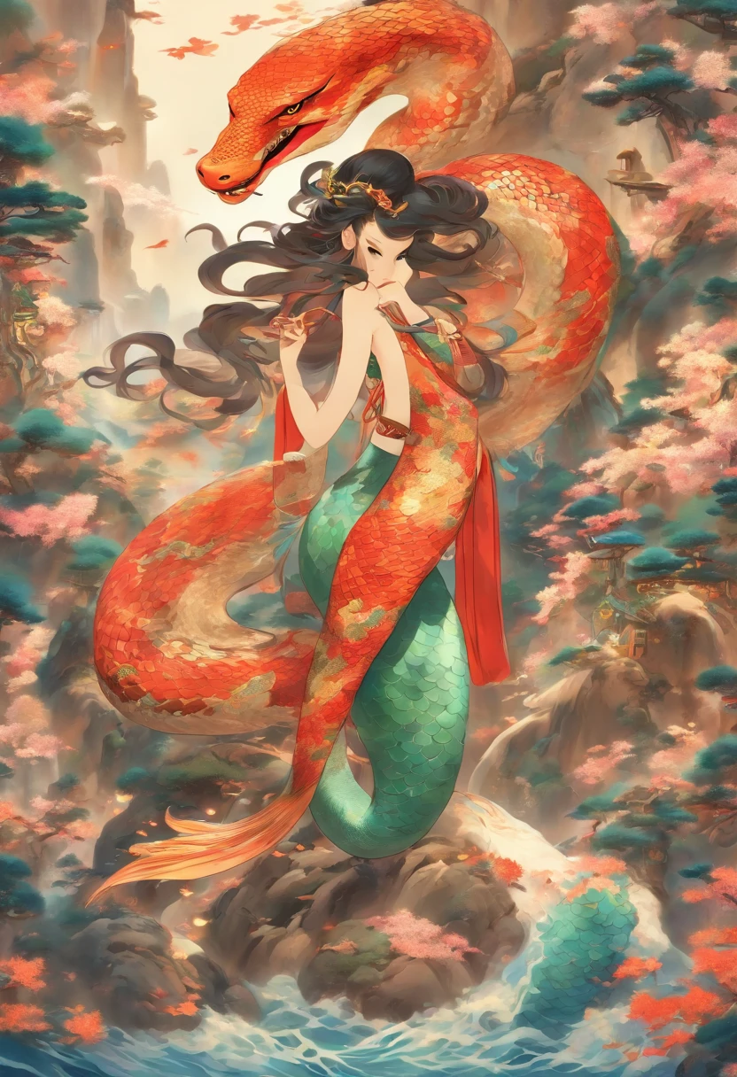 ultra-realistic image, white colors, HD image, Mythology, Snake Woman, snake body, snake tail, Chinese Woman, human, long black hair, (mermaid), (snake tail), scales, the image is clear , Chinese painting style, Shui Mo Hua, Thangka Style, aesthetics, Beautiful image, depth of field, centered on the canvas.