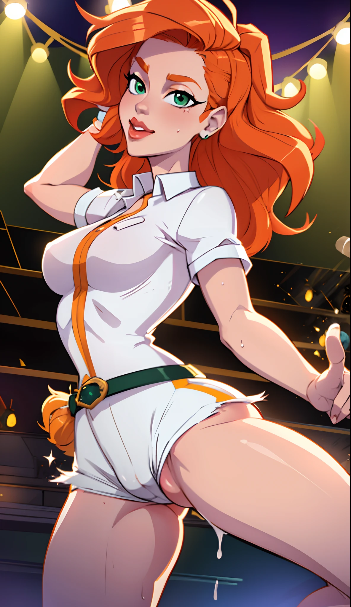 1girl, Best quality, masterpiece, cowboy shot, orange hair, green eyes, tight clothes, kpop idol, stage, wet, white shirt, dancing, sexy, short pants