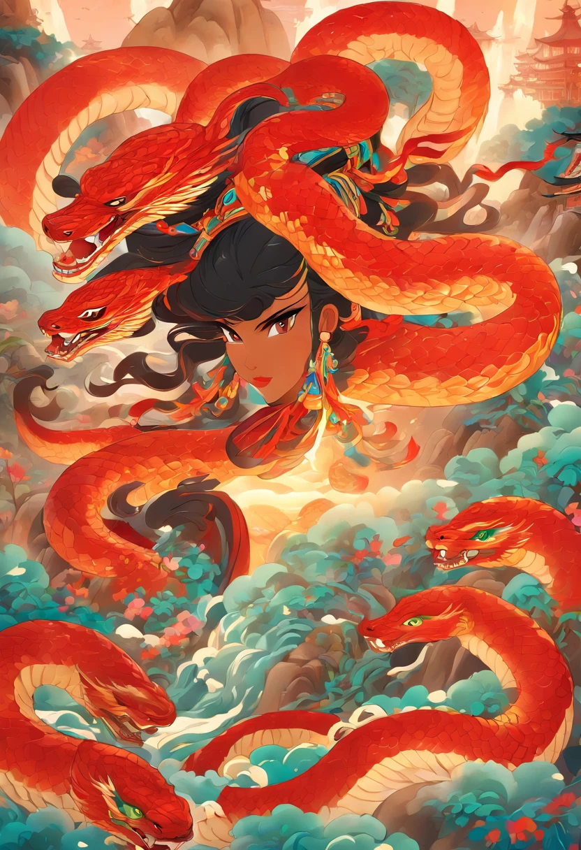 imagem ultra-realista, cores brancas, imagem HD, Mitologia,Mulher Cobra,corpo de serpente,rabo de serpente, Chinese Woman, humano , cabelo longo e preto, (sereia), (cauda de serpente), escamas, The image is sharp, Estilo de pintura chinesa, Shui Mo Hua, Estilo Thangka, esthetic, Beautiful image, profundidade de campo, centralizado na tela.