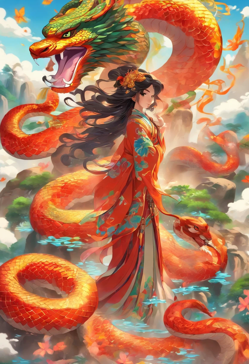 imagem ultra-realista, cores brancas, imagem HD, Mitologia,Mulher Cobra,corpo de serpente,rabo de serpente, Chinese Woman, humano , cabelo longo e preto, (sereia), (cauda de serpente), escamas, The image is sharp, Estilo de pintura chinesa, Shui Mo Hua, Estilo Thangka, esthetic, Beautiful image, profundidade de campo, centralizado na tela.