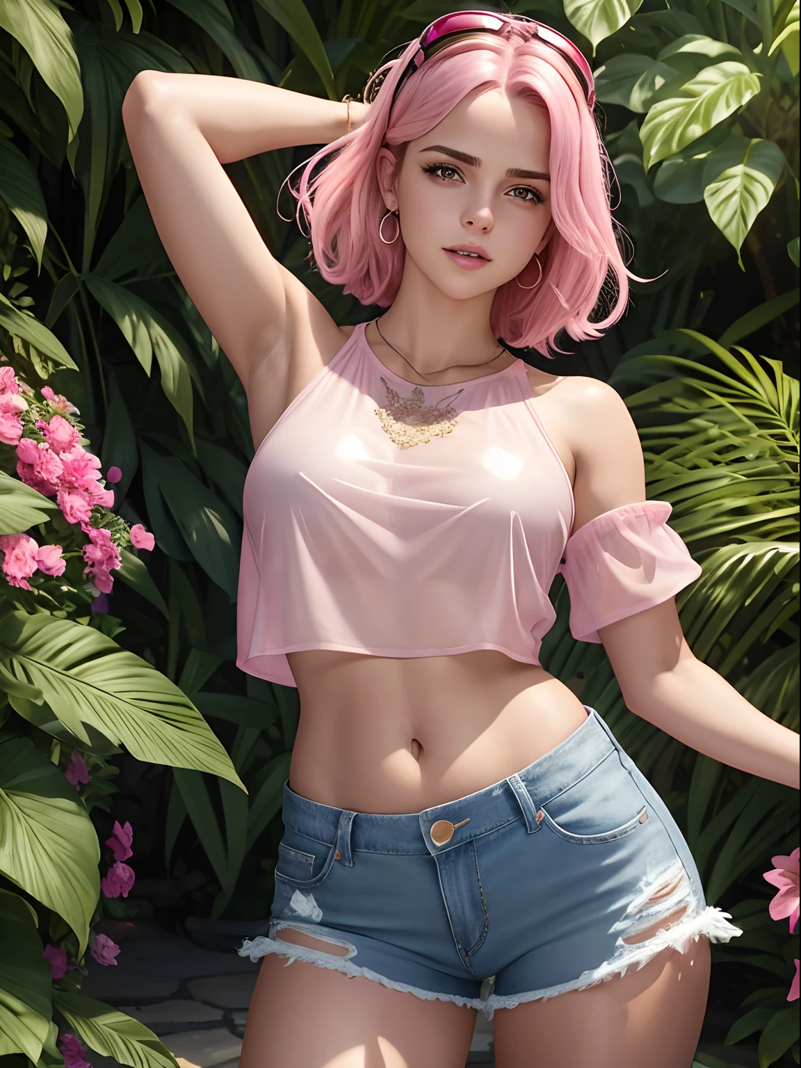 (huge Laughing:0.5), (open mouth:0.3), (wide open eyes:1.2) masterpiece,high quality,4k , ((Selena Gomez:Emma Watson:0.8)), light pink hair,bare shoulder,belly, Tattoos on the belly and Arms, wearing Goggles, metallic pink crop top with open transparent shirt, outdoor, red eyes,jeans,casual dress, in a beautiful garden, ((extremely detailed face))