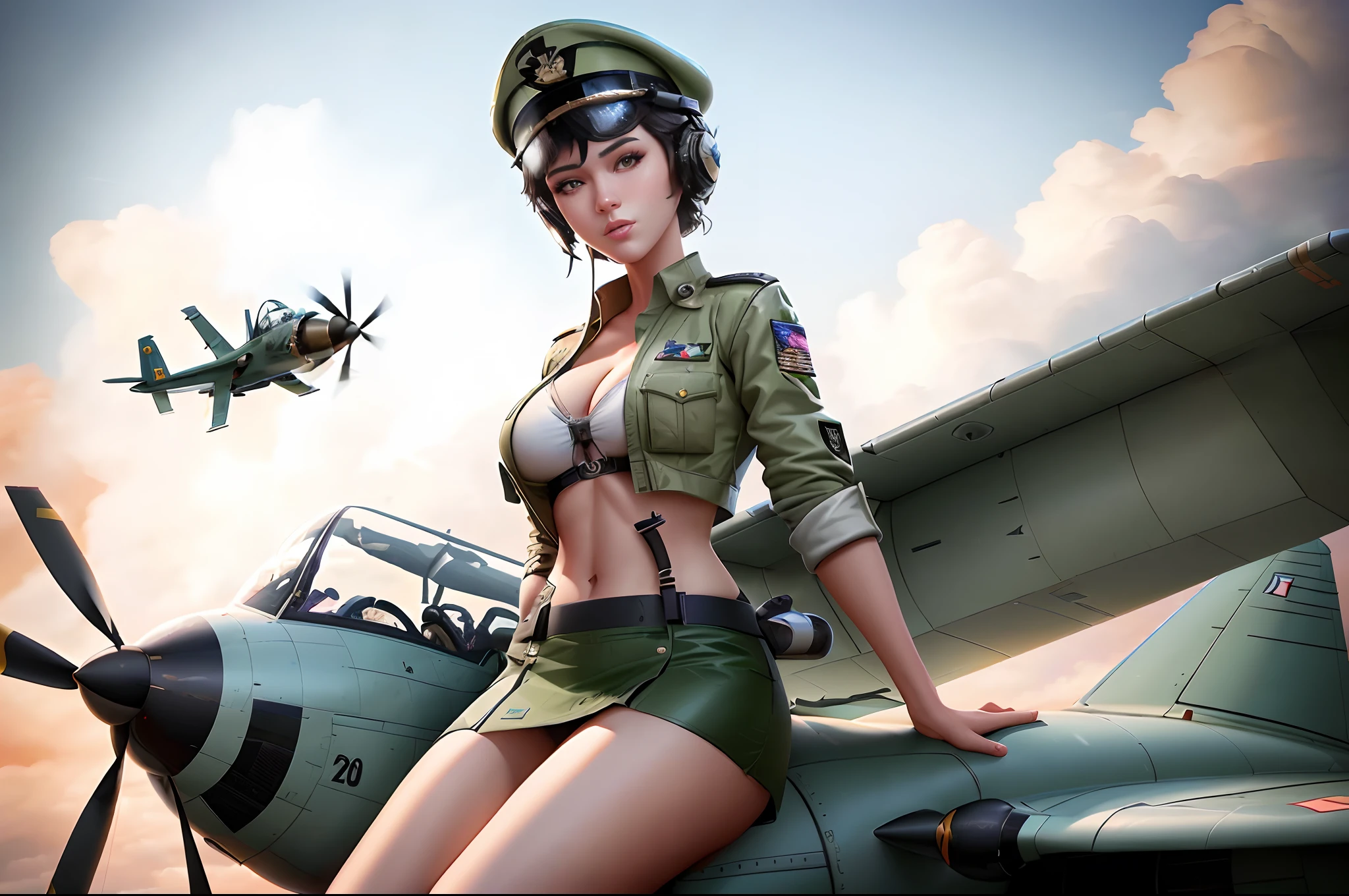 there is a woman in a military uniform posing next to a plane, beautiful digital artwork, cute pilot girl, pilot girl, pinup art, stunning digital illustration, 4k highly detailed digital art, epic digital art illustration, deviantart artstation cgscosiety, artgerm and gil elvgren, highly detailed digital artwork, cgsociety masterpiece