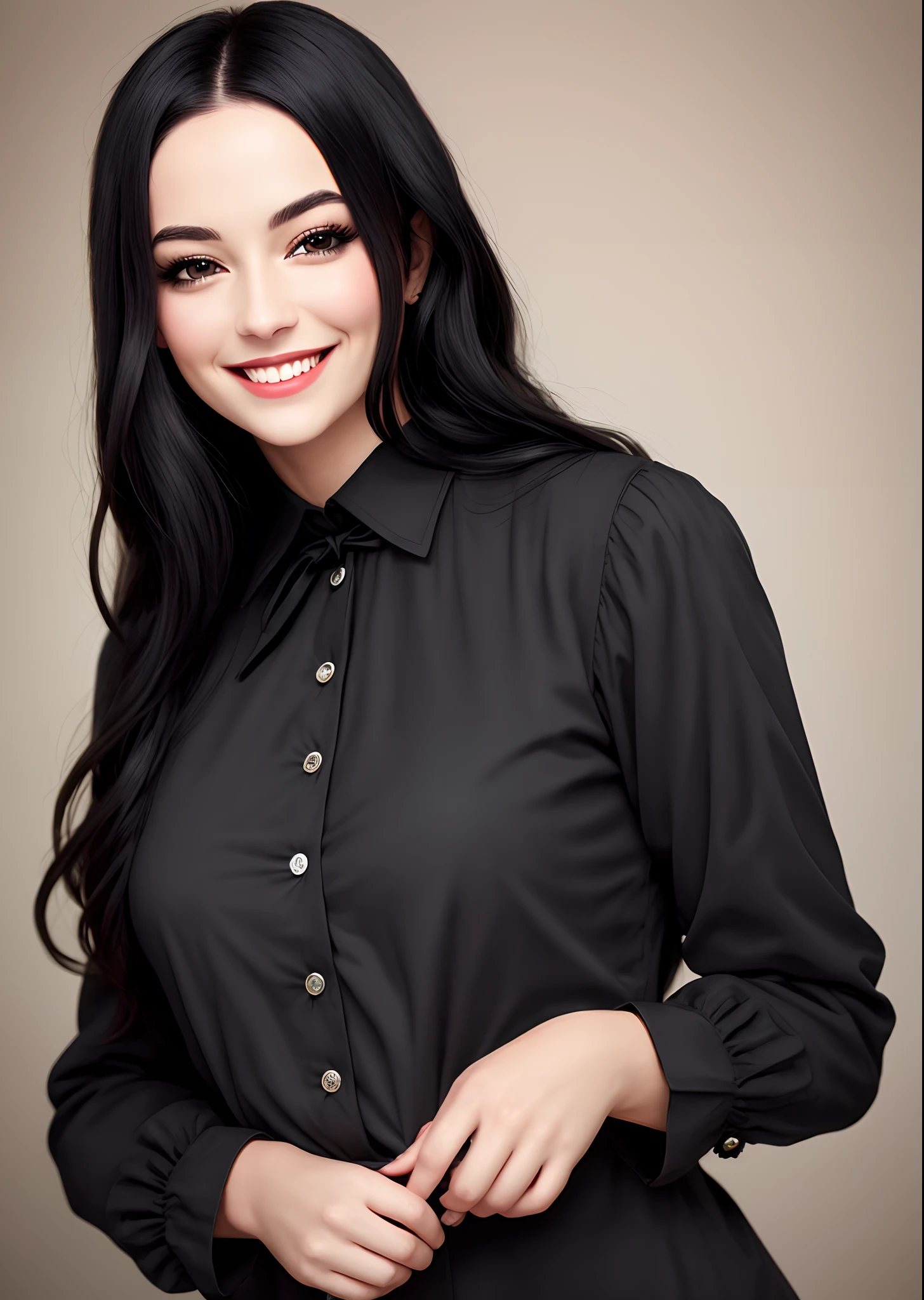Beautiful woman, cartoon realistic, long black hair and black eyes, waring a victorian shirt, smiling playfully, giving a sensation of madness.