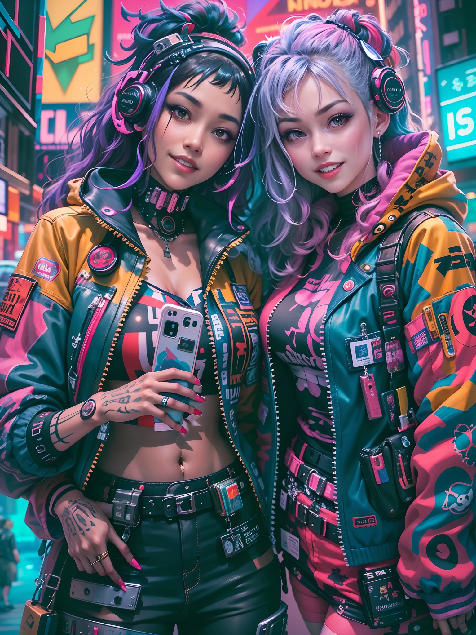 masterpiece, best quality, 2 ((smiling)) cyberpunk girls standing together taking selfie portrait, Harajuku-inspired cyberpunk clothing, bold colors and patterns, eye-catching accessories, trendy and innovative hairstyle, dazzling Cyberpunk cityscape, skyscrapers, glowing neon signs, LED lights, anime illustration, detailed skin texture, detailed cloth texture, beautiful detailed face, intricate details, ultra detailed, cinematic lighting, strong contrast.