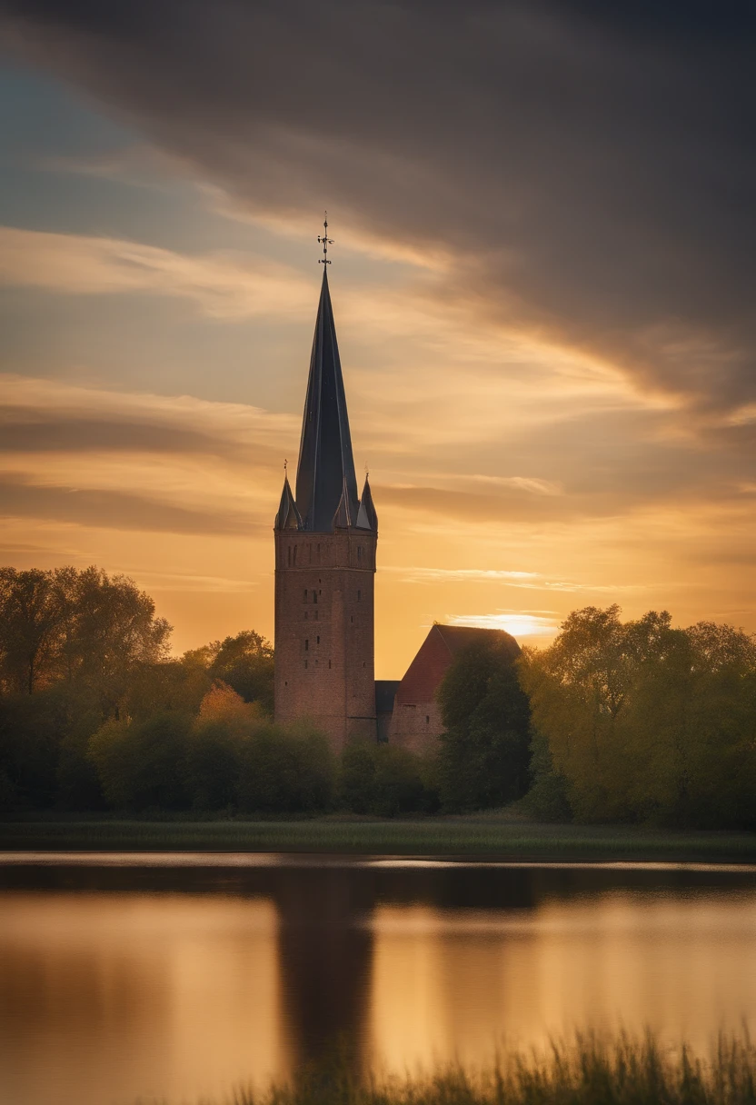 Brandenburg in Germany on the river Havel , In the background the silhouette of the city with church tower. Brightly colored vegetation in the environment, Ultra detailed, Obras de arte intrincadas, 8K ultra-realistic cover photo，The colors are dazzling, Night lighting in the background, Intricate. Definition of blockbusters, Cinematic, A masterpiece of photorealistic in 8k resolution: