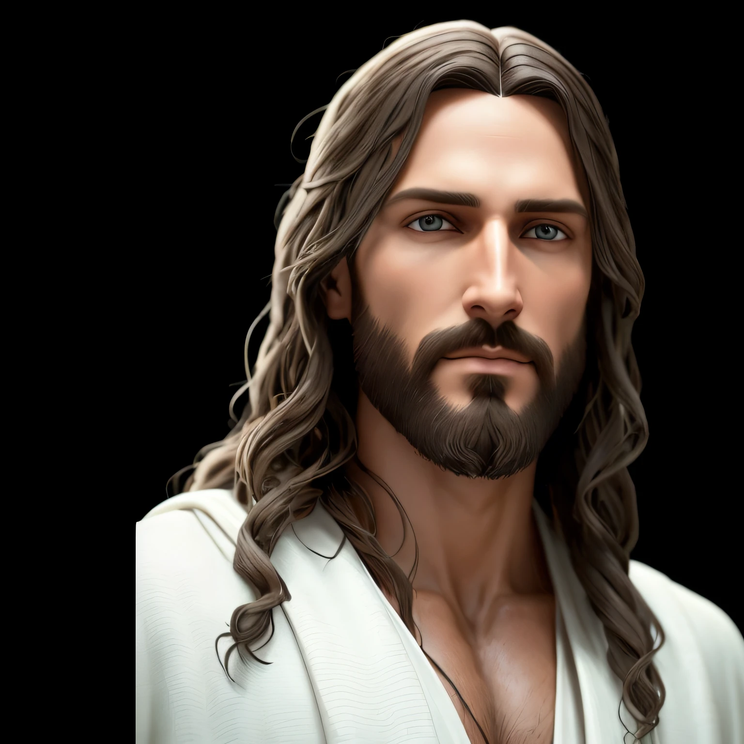 imagem arrapada de um homem com cabelos longos e barba, Retrato de Jesus Cristo, Jesus Cristo, rosto de Jesus de frente, bonito impressionante realista, Jesus, jesus of nazareth, Jesus Cristo em Mass Effect, Tron legado Jesus Cristo, Tron legado Jesus, Jesus Gigachad, escultura realista de 8k bernini, Vestido como Jesus Cristo, retrato vfx altamente detalhado de