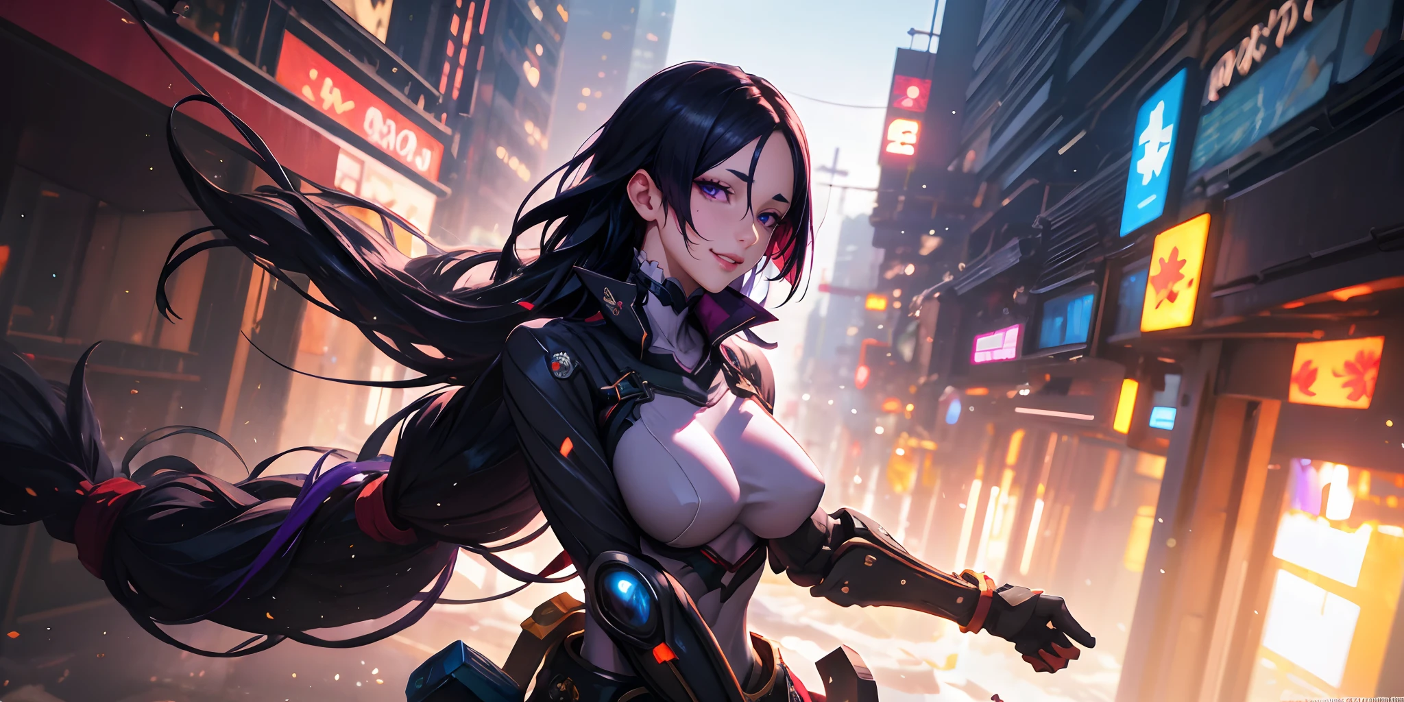 (dark-puprle hair, long hair:1.6), purple eyes, bodysuit, belt, 1girl, gloves, breasts, solo, looking_at_viewer, black_gloves, mecha, cyberpunk art, epic art, glow effects, godrays, Hand drawn, render, 8k, octane render, cinema 4d, blender, dark, atmospheric 4k ultra detailed, cinematic, Sharp focus, big depth of field, Masterpiece, colors, 3d octane render, 4k, concept art, trending on artstation, hyperrealistic, Vivid colors, extremely detailed CG unity 8k wallpaper, trending on CGSociety, Intricate, High Detail, dramatic, cyberpunk art