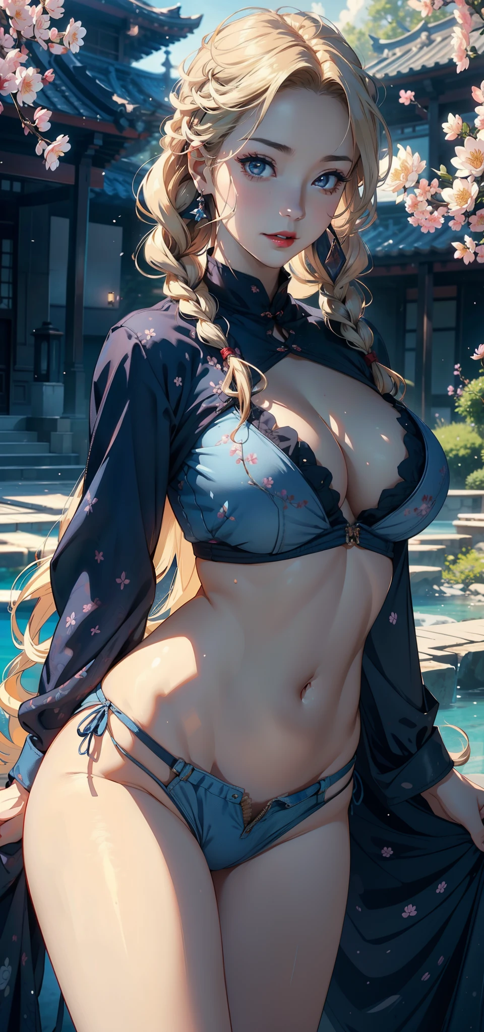 1female，45 yers old，Married Woman，熟妇，plumw，extremely large bosom， 独奏，（Background with：ponds，Cherry blossom forest，lotus flower）Lie underwater， She has long blonde hair，Twist braids，seen from the front，， mostly cloudy sky，（（（tmasterpiece），（Very detailed CG unity 8K wallpaper），best qualtiy，cinmatic lighting，detailed back ground，beatiful detailed eyes，Bright pupils，Black eyes，Snow-whiteskin，Redlip（Very fine and beautiful），（Beautiful and detailed eye description），ultra - detailed，tmasterpiece，））facing at camera，A high resolution，ultra - detailed），revealing breasts，Bare genitalia，  Bulge，legs are open，Raised sexy，Camel toes，Desire for dissatisfaction，frontage，（Wearing：Blue denim bikini，nakeness）