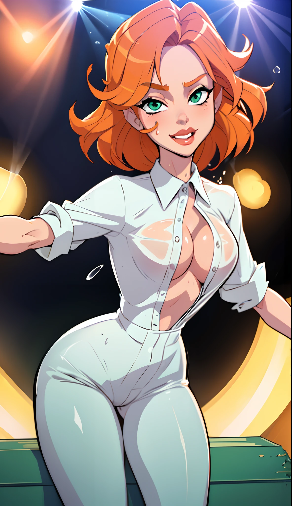 1girl, Best quality, masterpiece, cowboy shot, orange hair, green eyes, tight clothes, kpop idol, stage, wet, white shirt, dancing, sexy, short pants, dripping, spill, splashing