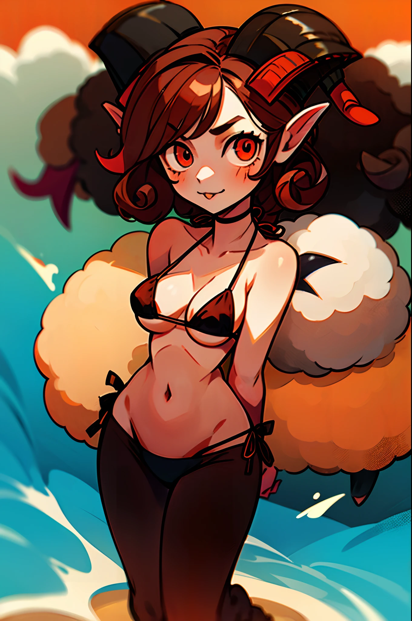 ((8 year old girl /with sheep horns):1.5) ,((brown curly hair):1.2), (wearing micro bikini:1.4), ((red eyes):1.3), looking at the viewer, on a (beach),4k,large hips