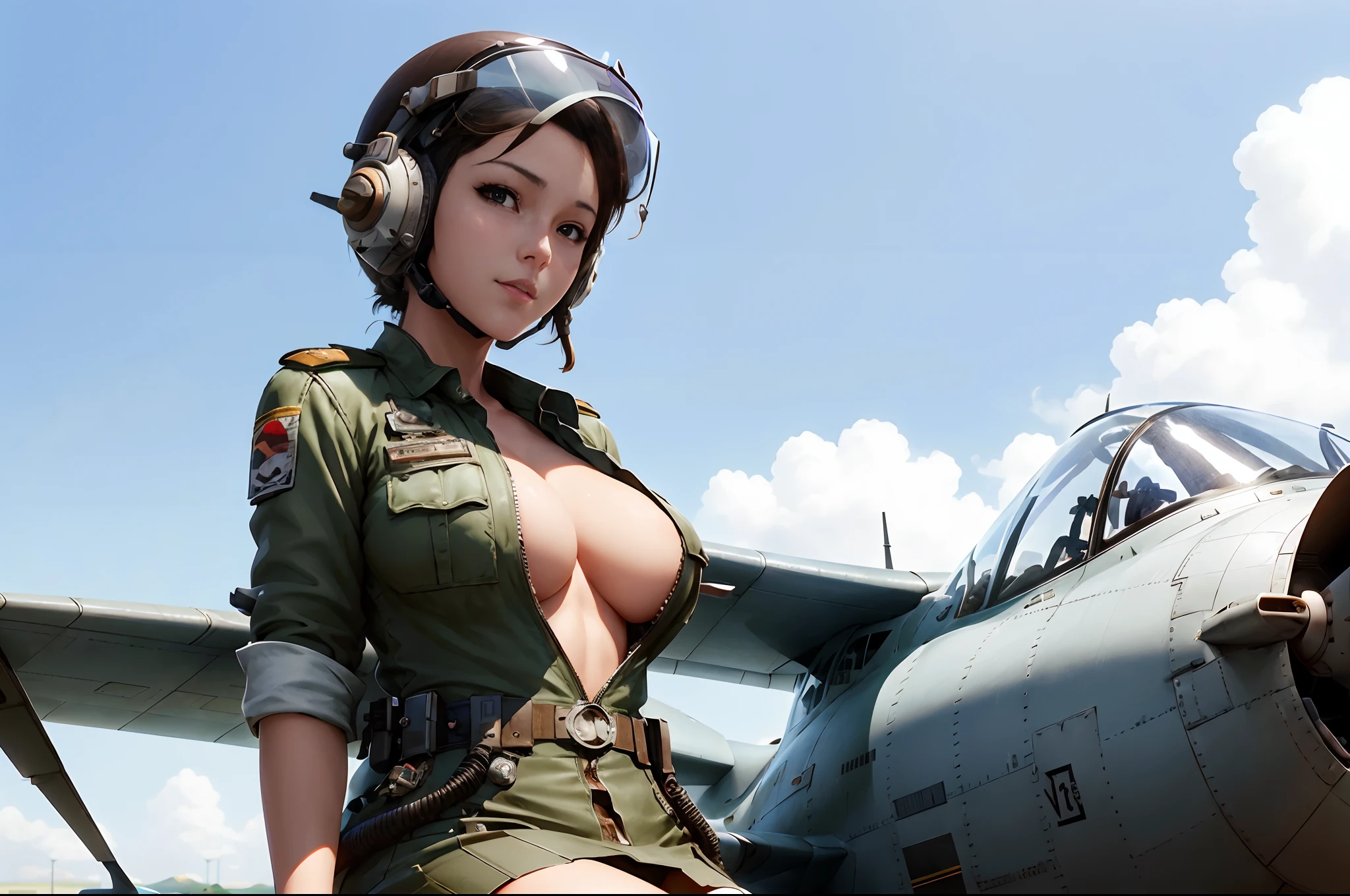 arafed female fighter posing in front of a fighter plane, cute pilot girl, pilot girl, 70's jetfighter pilot girl, beautiful digital artwork, range murata and artgerm, rendered in sfm, smooth anime cg art, detailed digital anime art, photorealistic anime girl render, [ 4 k digital art ]!!, closeup shot, close up shot