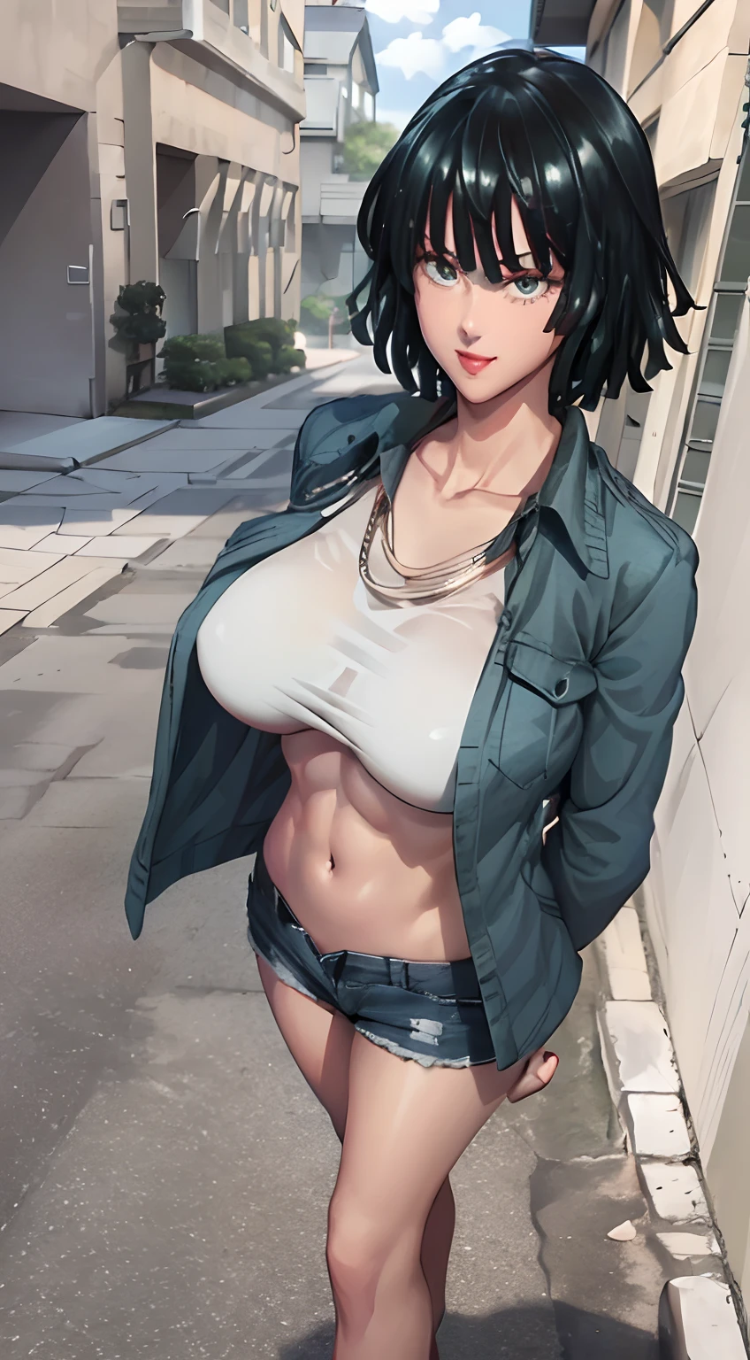 Girl, smile, red lips, big nose, big tits, shorts hair, fair skin, five finger on hand, sexy body, white underwear colors, navy outerwear colors, navy short levis colors, black shoes colors, beautiful girl, in out door, sexy pose, view facing forward, view facing the camera
