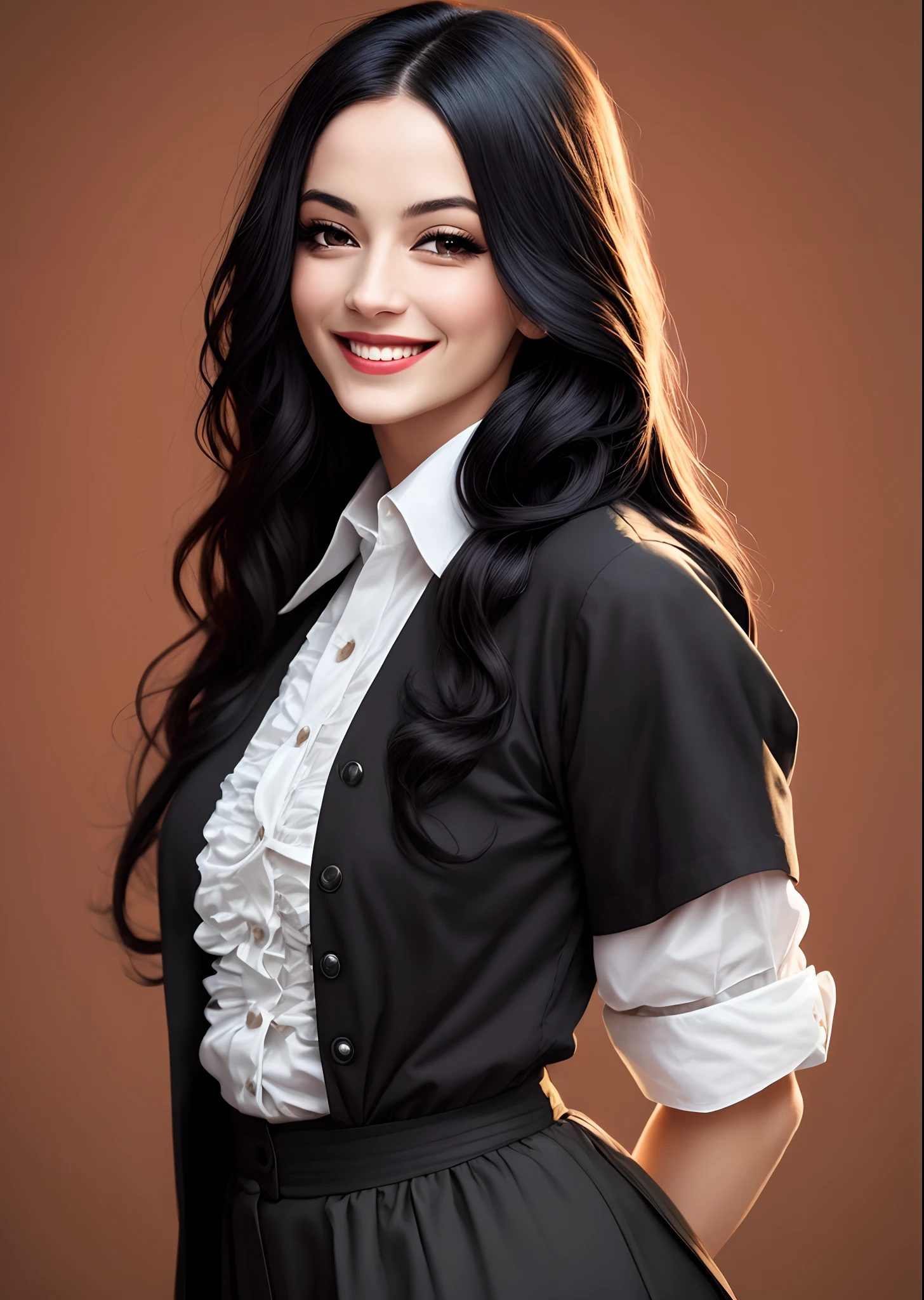Beautiful woman, cartoon realistic, long black hair and black eyes, waring a victorian shirt, smiling playfully, giving a sensation of madness.