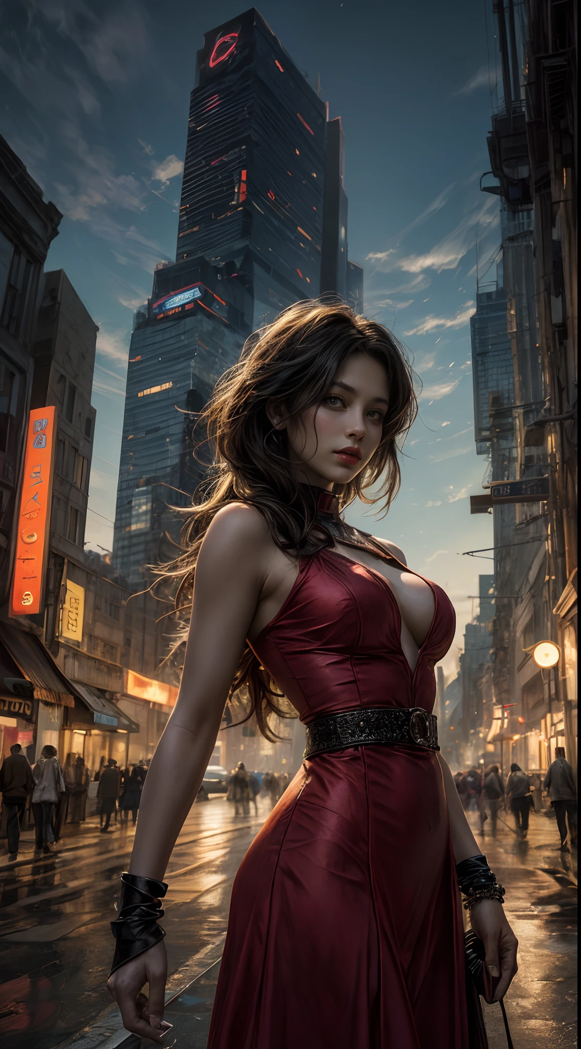 long flowing hair, wearing a vibrant red dress, surrounded by futuristic technology, in a cityscape filled with towering skyscrapers and neon lights, with a sense of wonder and exploration in her eyes, capturing the essence of a modern and technologically advanced world, with a touch of fantasy and magic, bathed in warm golden tones, highlighting the beauty of the scene, brought to life with dynamic lighting, and bringing out the intricate details and textures of the artwork, evoking a sense of awe and admiration.