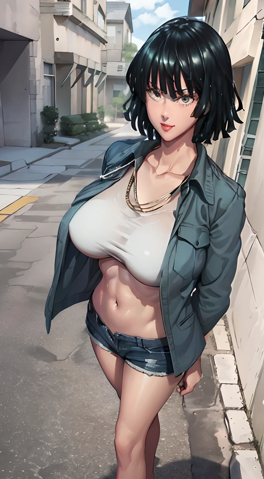 Girl, smile, red lips, big nose, big tits, shorts hair, fair skin, five finger on hand, sexy body, white underwear colors,  navy outerwear colors, navy short levis colors, black shoes colors, beautiful girl, in out door, sexy pose, view facing forward, view facing the camera