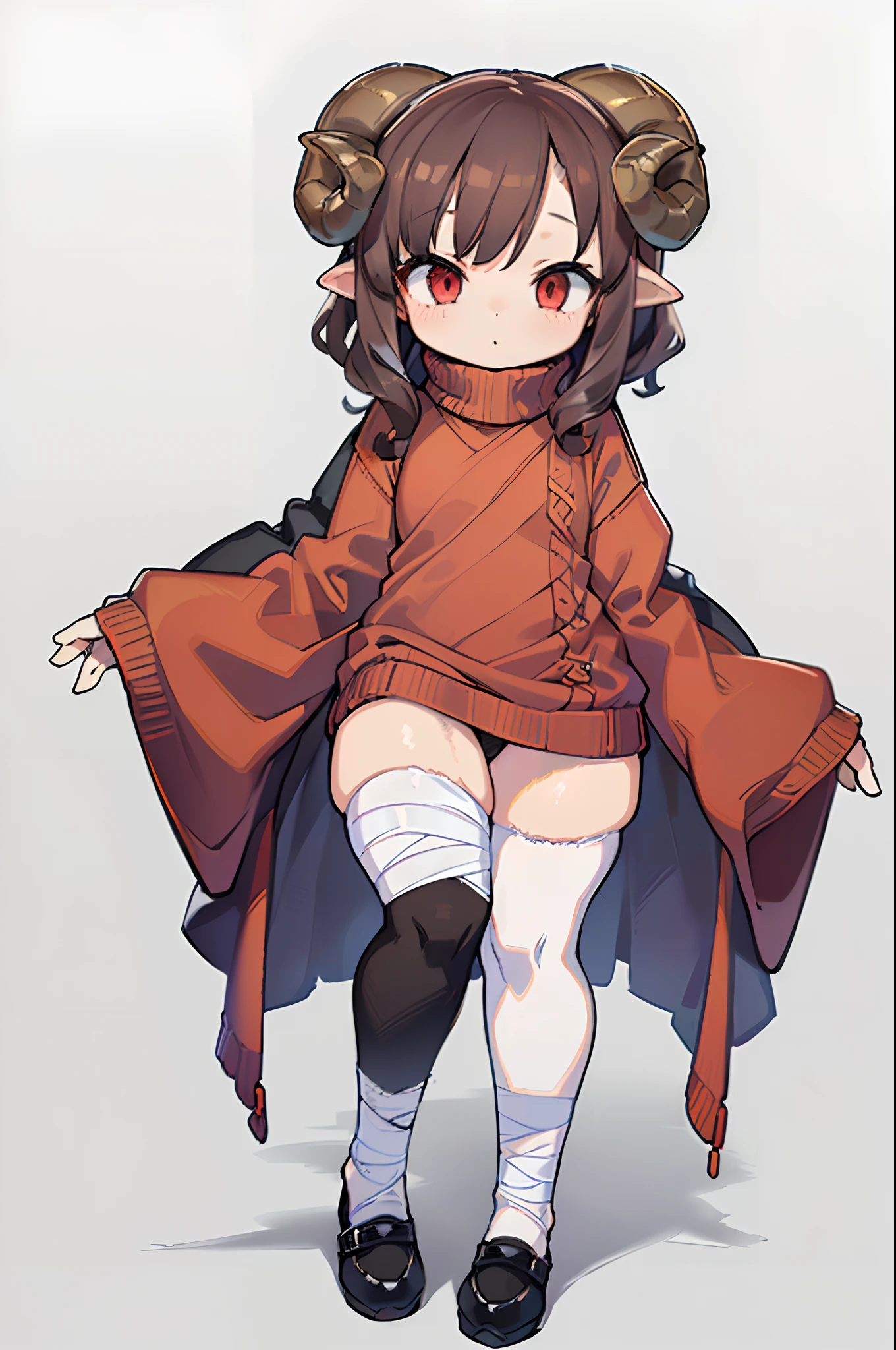 ((Full body):1.5),((9-year-old girl /with sheep's horns):1.5), bulging hips,((brown curly hair):1.2),((bandaged arms and legs):1.4)(wearing an isekai white wool sweater:1.4),(black shoes:1.5) ((red eyes):1.3), looking at the viewer, on a ((single background):1.5),4k,