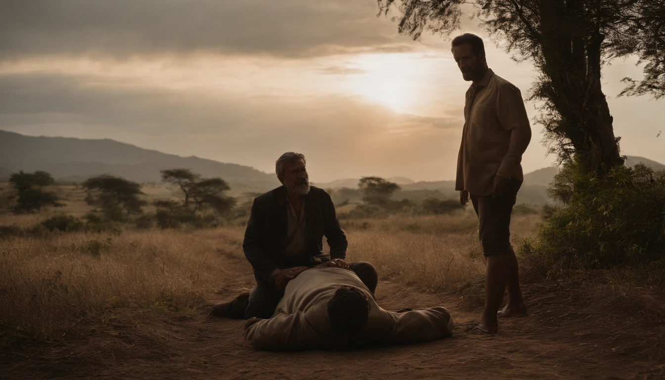 An injured man by the wayside. um homem passa e se compadece e cuida dos machucados deste homem a beira do caminho. The Good Samaritan Passage from the Bible