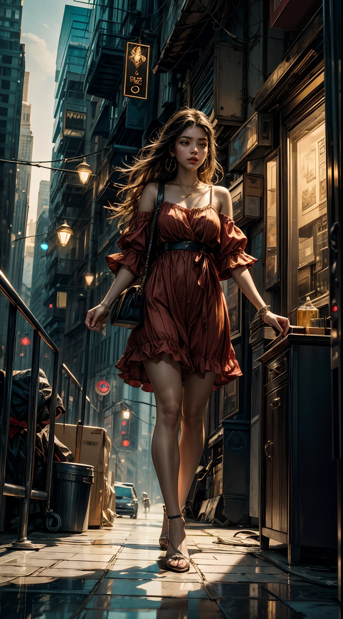 long flowing hair, wearing a vibrant red dress, surrounded by futuristic technology, in a cityscape filled with towering skyscrapers and neon lights, with a sense of wonder and exploration in her eyes, capturing the essence of a modern and technologically advanced world, with a touch of fantasy and magic, bathed in warm golden tones, highlighting the beauty of the scene, brought to life with dynamic lighting, and bringing out the intricate details and textures of the artwork, evoking a sense of awe and admiration.