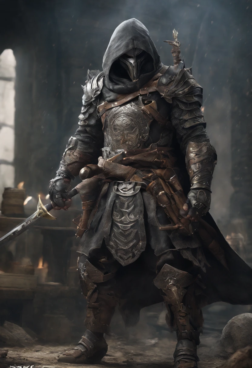 Goblins are covered in black robes,It has the head of a small iron elephant on its head,Two sharp fangs on either side of the mouth extend outward in a 45° straight line,The two ivory-like tusks on the top of the head extend 30° back。,A pair of black eyes at the corner of his mouth stared straight out,Although the body is small, It is very powerful,There is armor on the chest,The armor was covered with spikes,The left shoulder is the shoulder pad,But it looks like a wolf's head,There is nothing on the right shoulder,Just draped in a black robe,A belt is wrapped around the waist,Three bags tied to the belt,Each is equipped with a dark device,Recycling supplies, potion, food, As well as maps and some gadgets,Black ribbons are wrapped around the left and right arms,There is a small shield on the forearm of the left hand,Overall with spikes,There is also a short blade of 20 cm inside the shield,The forearm of the right hand is as above, But short blades are lagging behind,The belt is fastened in the palm of the left hand,The back of the hand can be blocked by a shield,Nails are very hard and sharp,The right hand is the same,There are knee pads on the left and right legs,There is a short blade 5 cm long that extends upwards,Other places are wrapped in black belts,Iron combat boots on the legs,It will not affect any of your actions,There is a short sword of 10 cm on the heel,It is highly toxic,It can be driven by a mechanism on the shoe,The right leg is the front end,On his back is a bow and arrow,and iron quiver,And a long sword,And there is also a pair of scabbards on the back and waist,Inside there is a short blade as the main weapon,There is also a long scythe around the waist,There are anesthesia needles inside。Medieval landscape,Fantastical,4K,best qualtiy,primitive,((Ultra-detailed and high-precision details)),Power Hero & Magic 3,Fantastical,The background is the canyon plain,The scene is impressive,(Struger,Burning flame,Blood,Moon Night,中景 the scene is,Full body like, highly detailed surreal vfx,oc rendered,Shot with 70 mm - AR 16:9 --q 2 --s 1000