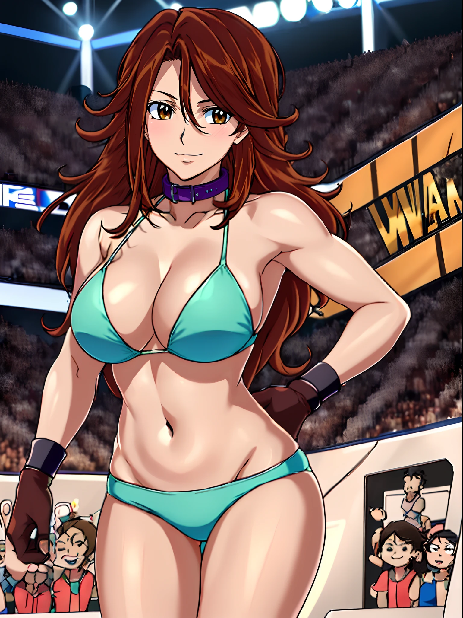 punching, Elegant lady, body view, anime style: 1.8, anime drawing, ultra detailed face, ultra detailed body, 4k, Sumergai Lee Noriega, (standing), best quality, anime style, hires, highest definition, digital blending, bold drawing lines, ((wwe diva), (location: wrestling arena, crowds watching), ( slim body, little biceps, thighs, off-shoulders, (curvy: 2.8)), ((white bikini, shorts, groin, white gloves, collar, elbow pad)), victorious, winner, gentle, (pale skin, shiny skin, very big breasts, smile), (big eyes, brown eyes), (clapping), (brown hair, loose hair, curly hair, wavy hair, long hair, missy hair), 27 years old,