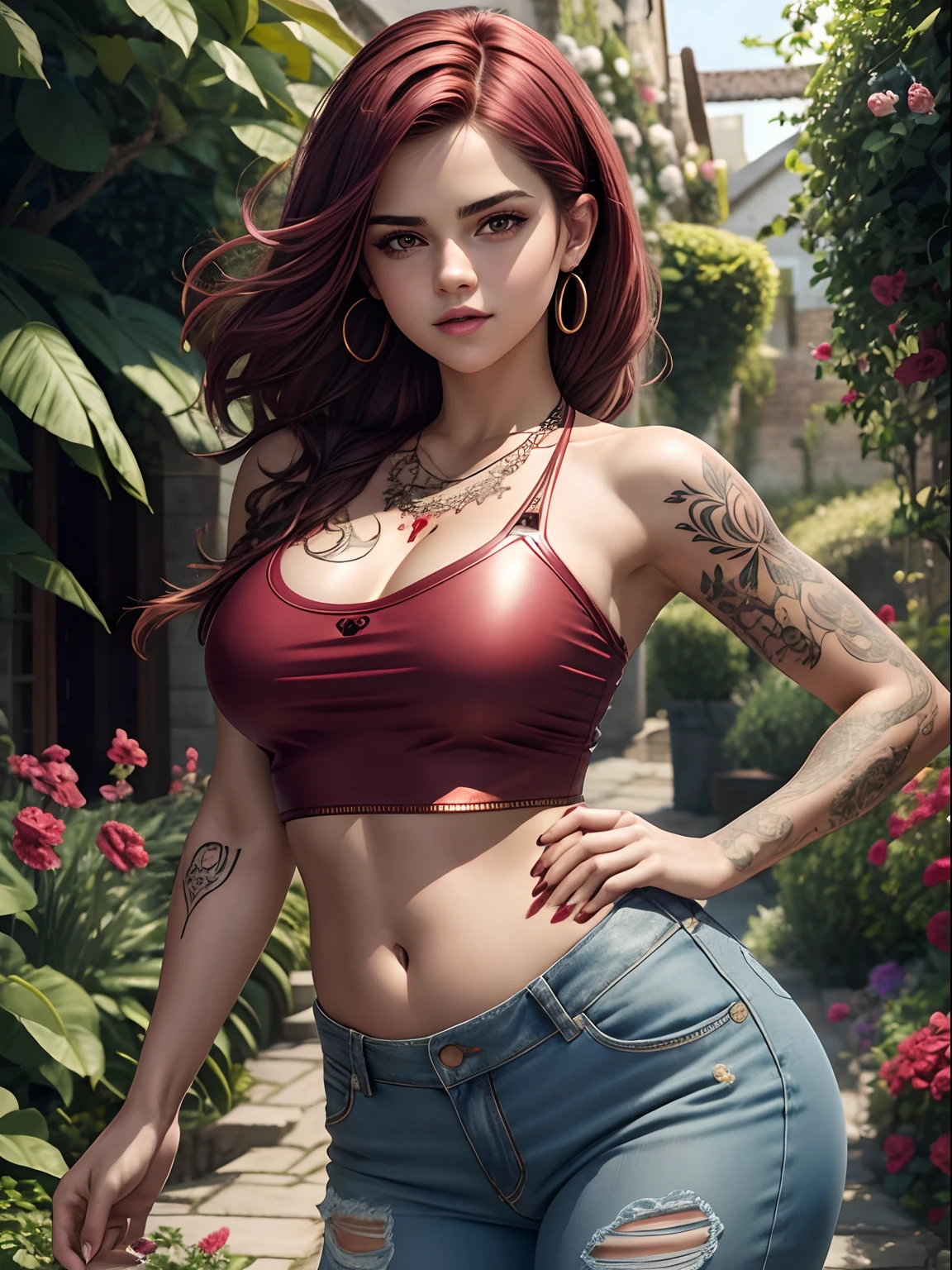 (huge Laughing:0.5), (open mouth:0.3), (wide open eyes:1.2) masterpiece,high quality,4k , ((Selena Gomez:Emma Watson:0.8)), light maroon hair,bare shoulder,belly, heavy Tattoos on the belly and Arms, wearing Goggles, metallic red crop top with open transparent shirt, outdoor, red eyes,jeans,casual dress, in a beautiful garden, ((extremely detailed face))