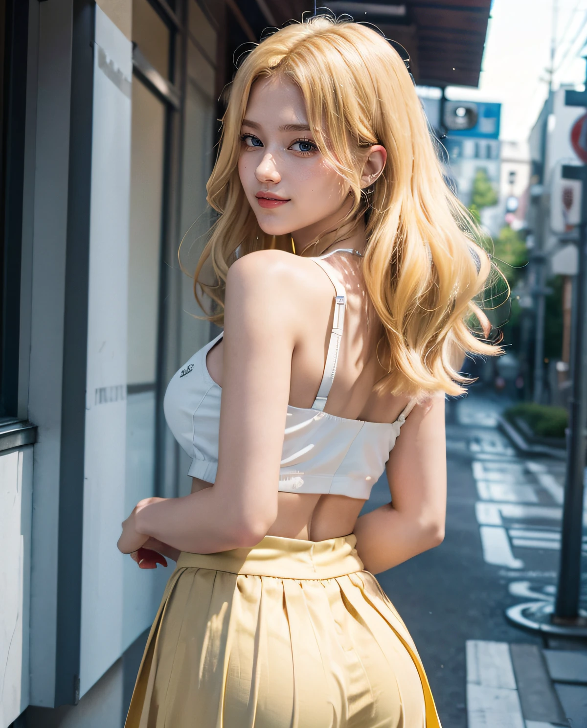 ((Highest quality)), ((masterpiece)), (detailed), One girl, sexy、(black offshoulder,black mini skirt),(blond hair,long hair,Bangs down),(skirt lift,show panties,panties pull, clothes lift 1.5),Back of the school building