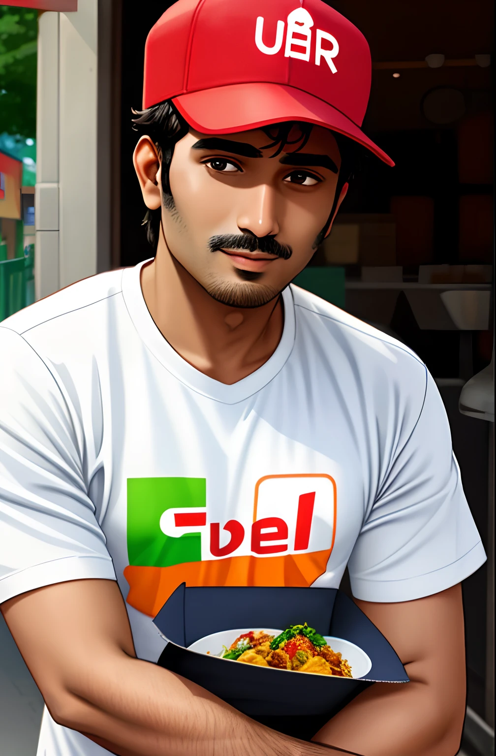 a close up with full face view of an indian food delivery guy with uber eats t-shirt
