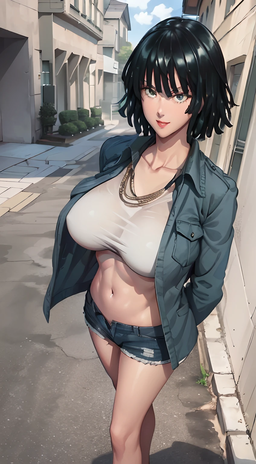 Girl, smile, red lips, big nose, , shorts hair, fair skin, five finger on hand, sexy bodwhite underwear colors, navy outerwear colors, navy short levis colors, black shoes colors, beautiful girl, in out door, sexy pose, w facing forward, view facing the camera
