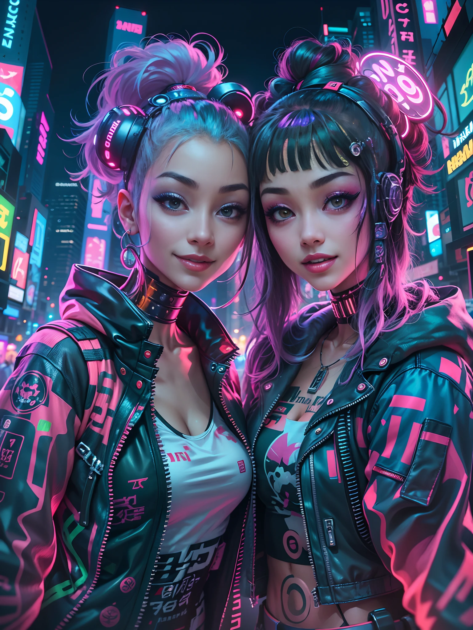masterpiece, best quality, 2 ((smiling)) cyberpunk girls standing together taking selfie portrait, Harajuku-inspired cyberpunk clothing, bold colors and patterns, eye-catching accessories, trendy and innovative hairstyle, dazzling Cyberpunk cityscape, skyscrapers, glowing neon signs, LED lights, anime illustration, detailed skin texture, detailed cloth texture, beautiful detailed face, intricate details, ultra detailed, cinematic lighting, strong contrast.