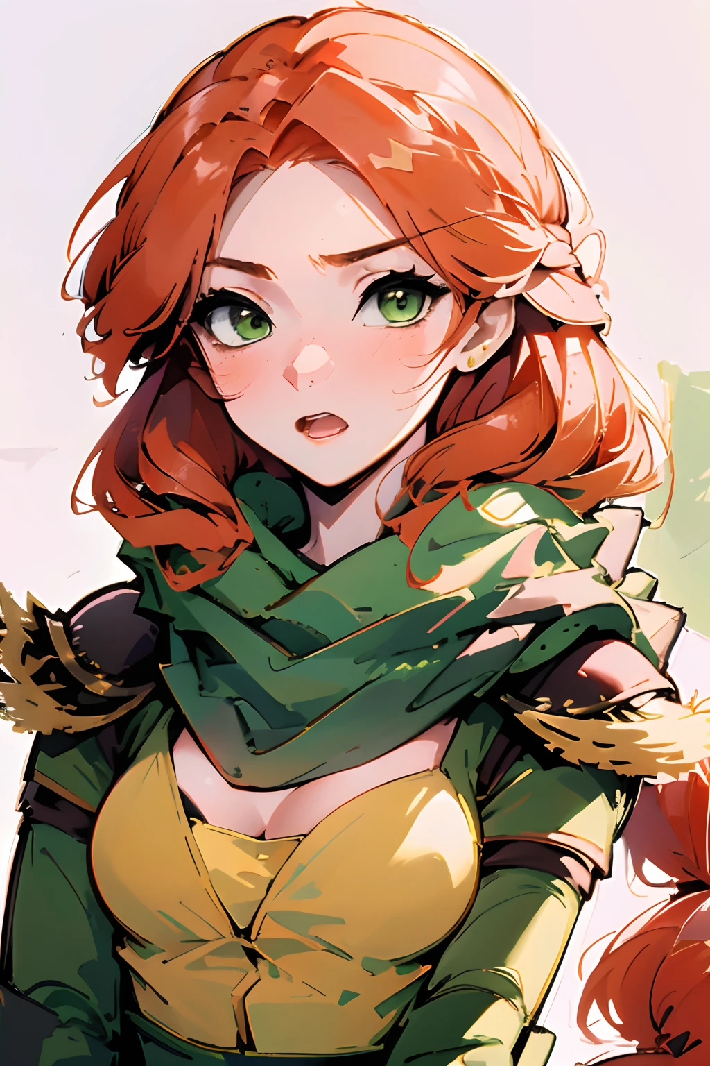 -original,Windranger anime style, 1girl, solo, jewelry, long hair, earrings, white background, looking at viewer, open mouth, simple background, scarf, green scarf, blush, red hair, portrait